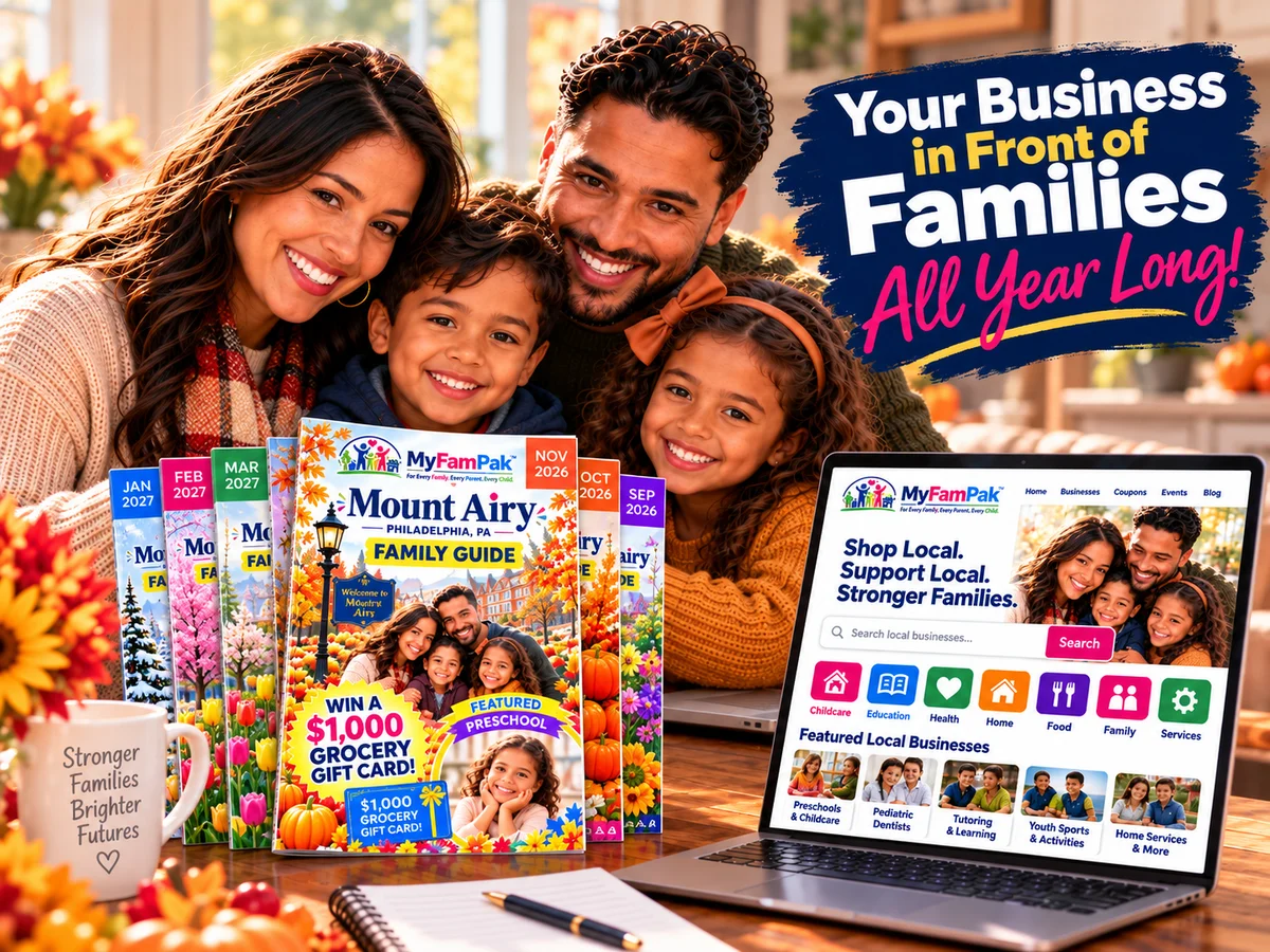 A family reading the MyFamPak Family Guide together beside a stack of monthly guides and the online Family Marketplace on a laptop