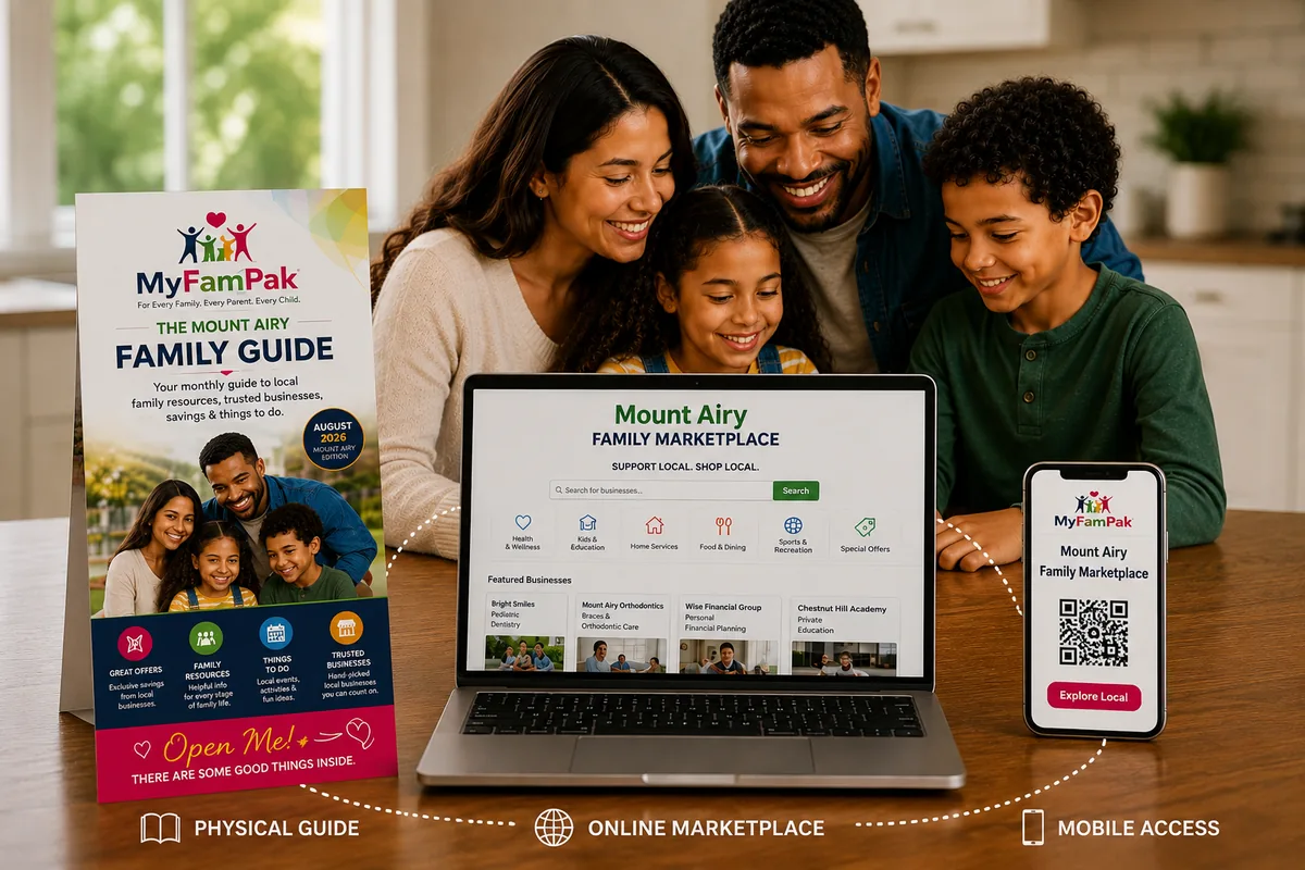 The printed MyFamPak Family Guide beside the Family Marketplace on a laptop and phone