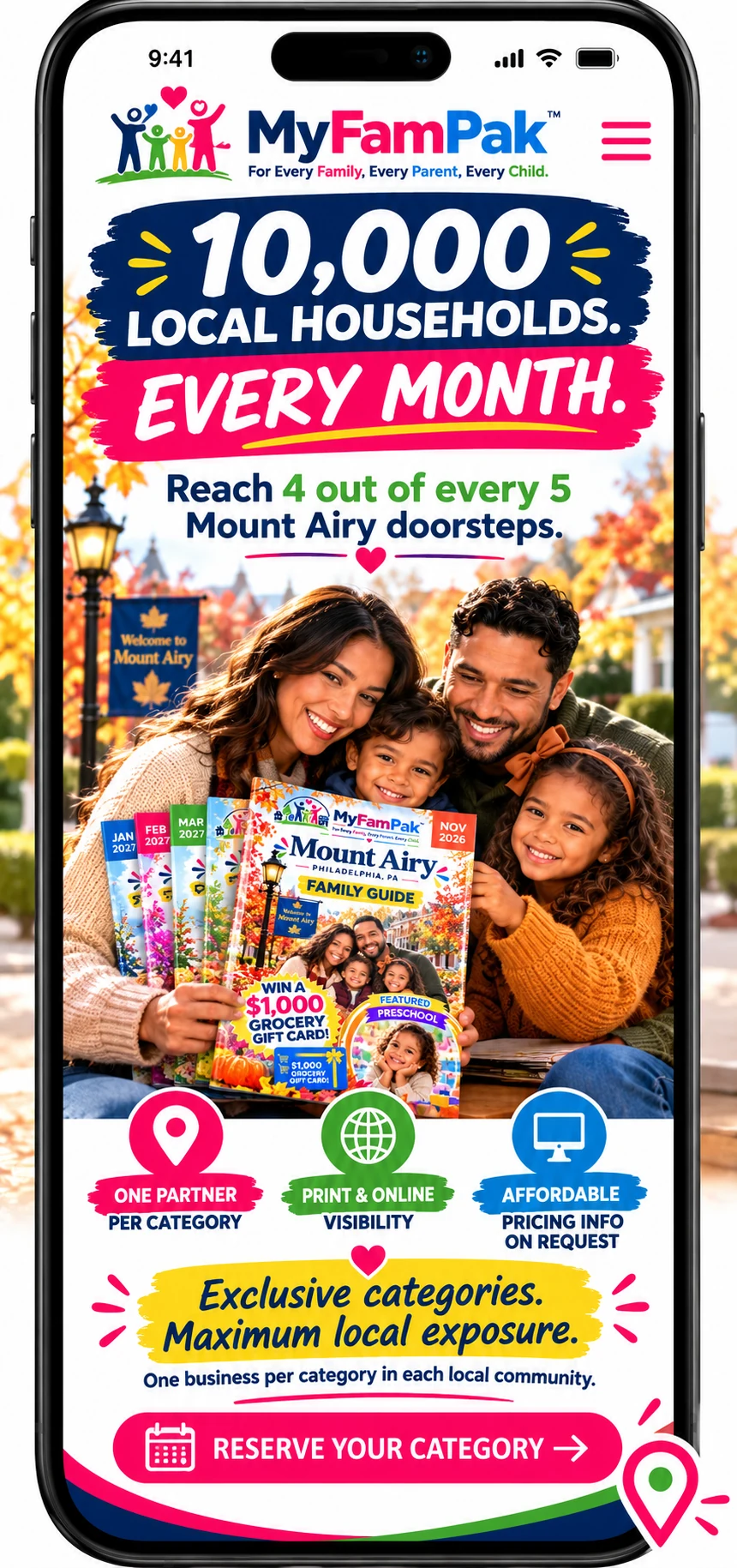 A smartphone showing the MyFamPak Mount Airy Family Guide landing page