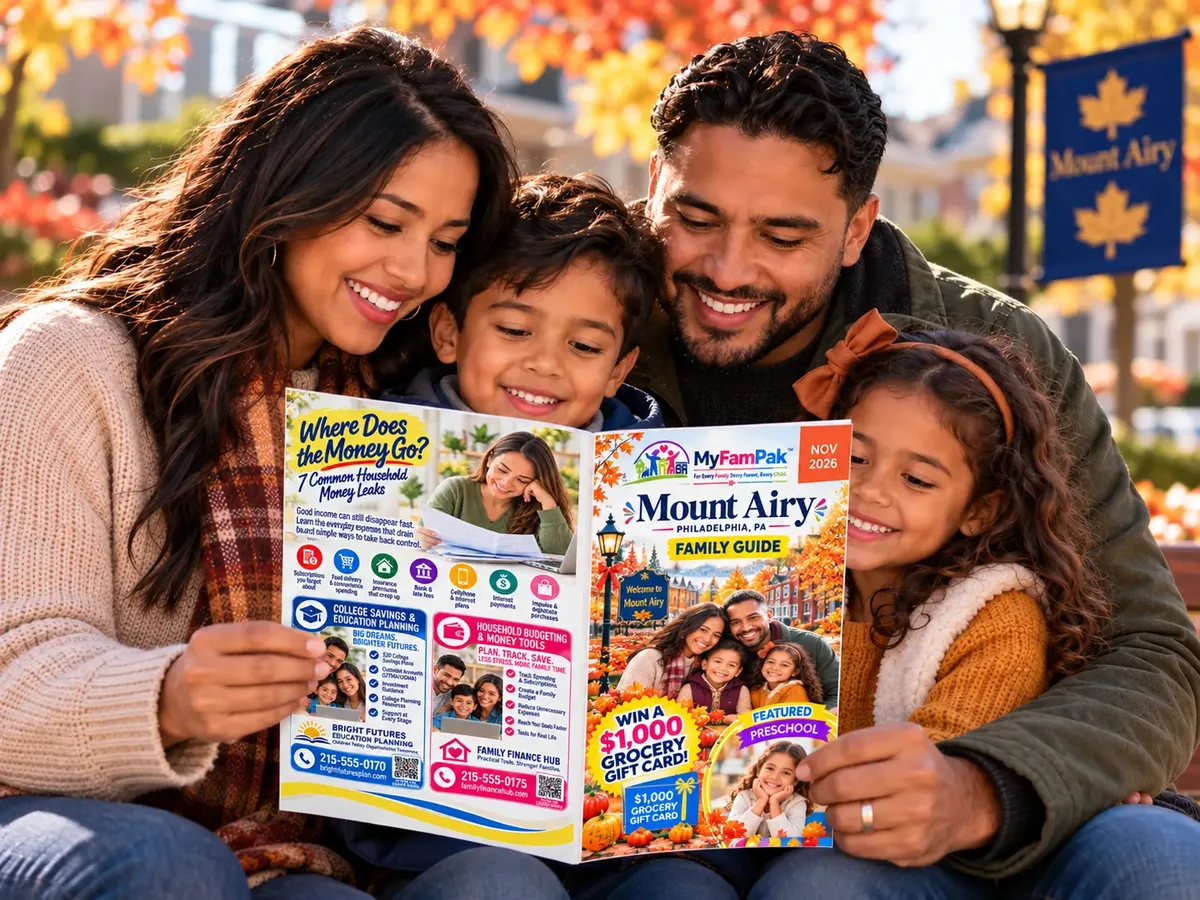 A family sitting outdoors in Mount Airy reading the MyFamPak Family Guide together