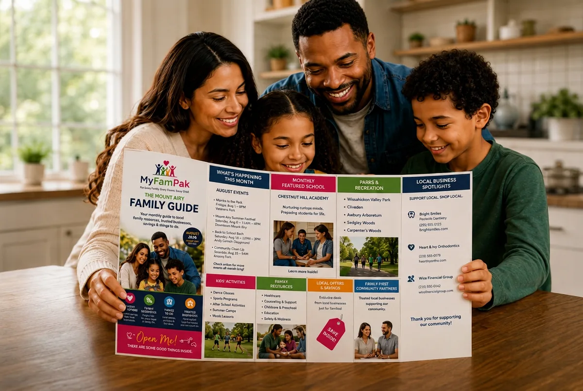 A family opening the MyFamPak Family Guide at the kitchen table to read local events, schools and business listings