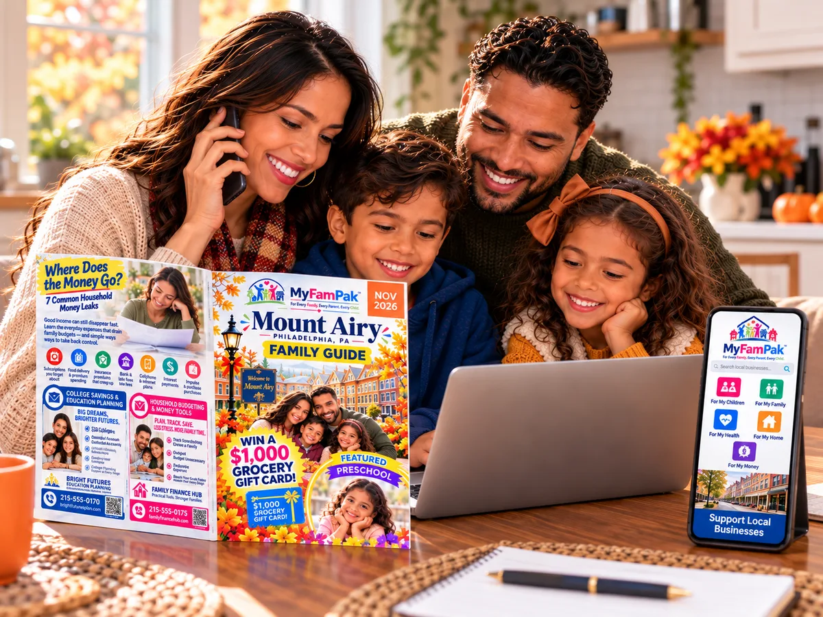A family exploring the MyFamPak Family Guide and the online Family Marketplace together on a laptop and phone