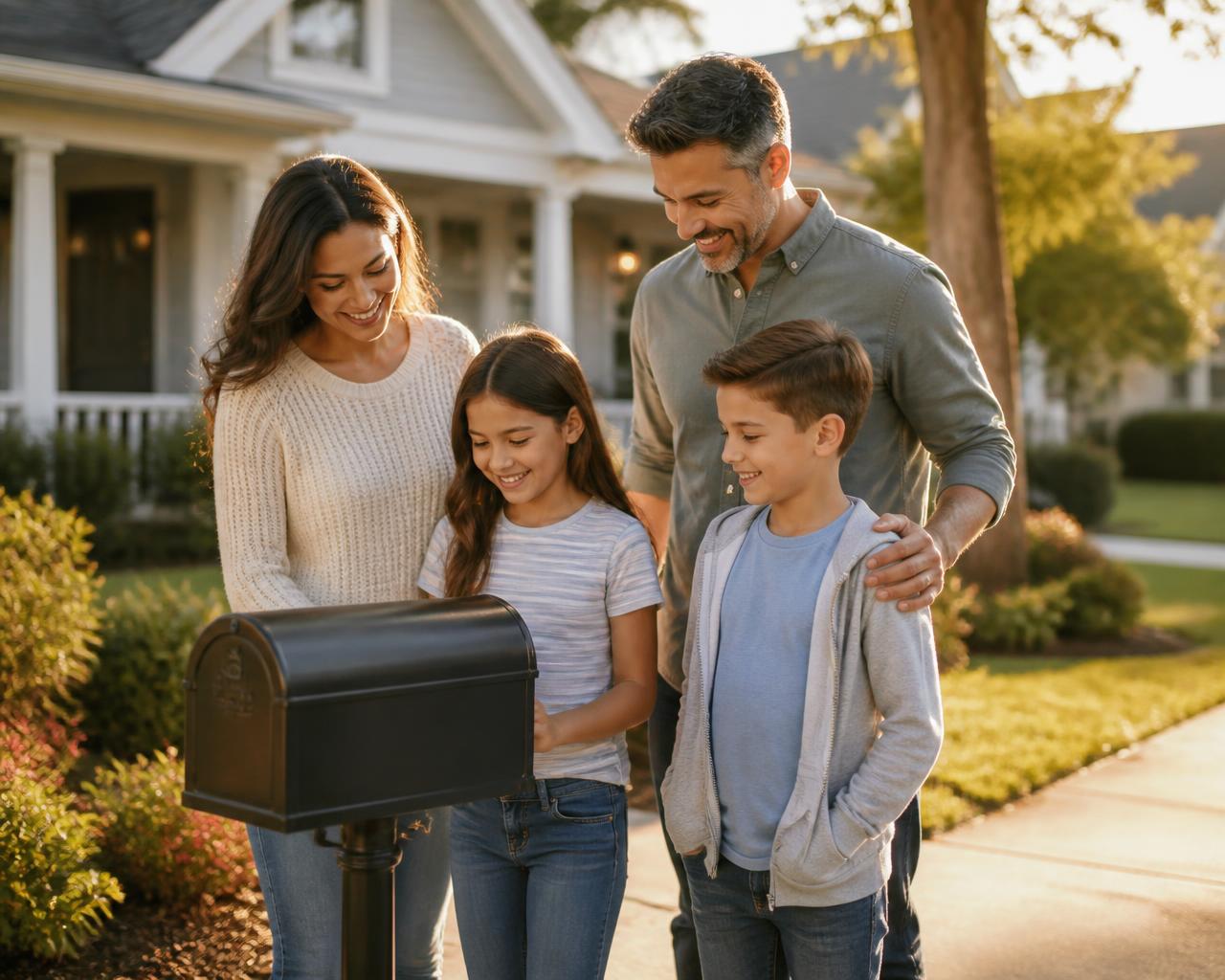 A local family at their residential mailbox opening the MyFamPak Family Guide in their neighborhood